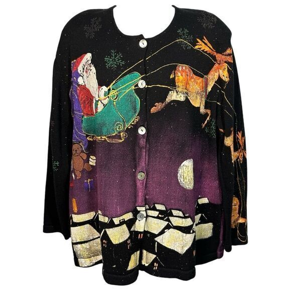VTG. Marguerita Christmas‎ Cardigan Sweater Size M/L Santa Reindeer Hand Painted - Picture 1 of 16